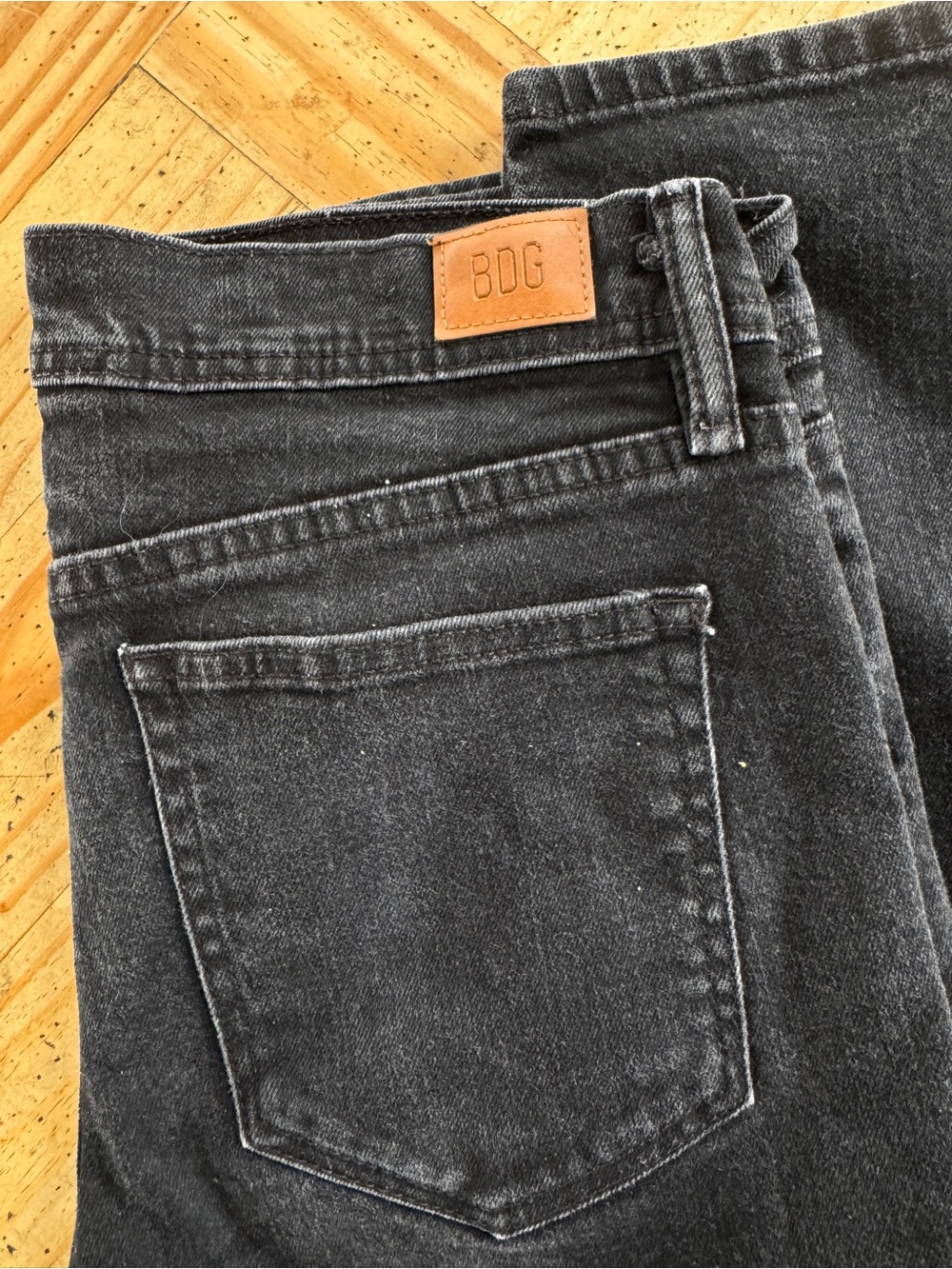 Urban Outfitters BDG Charcoal Gray Washed Denim Jeans with Tan Logo Patch